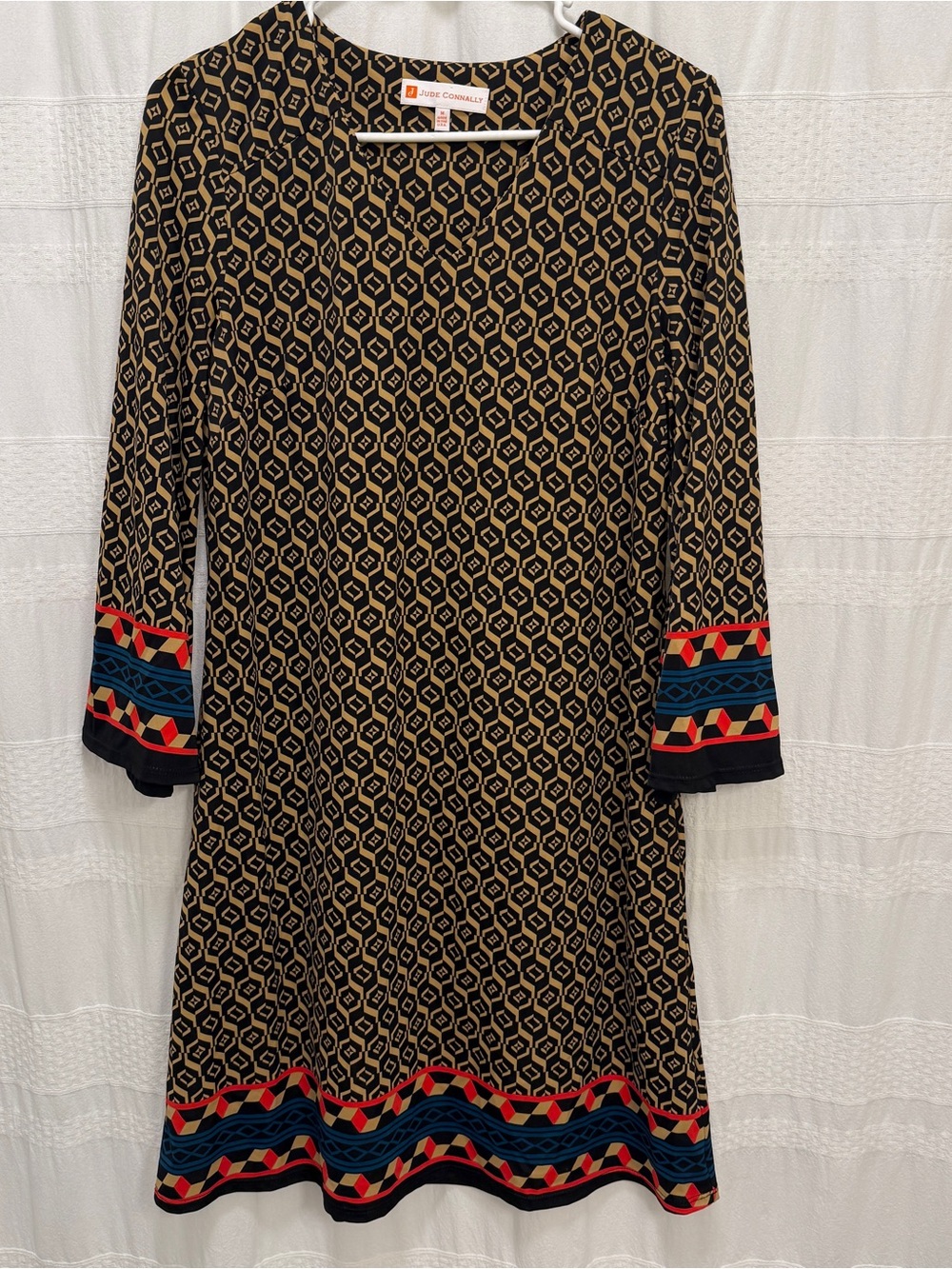 Jude Connally Geometric Shift Dress Tan Black Womens Medium Made in USA Nylon